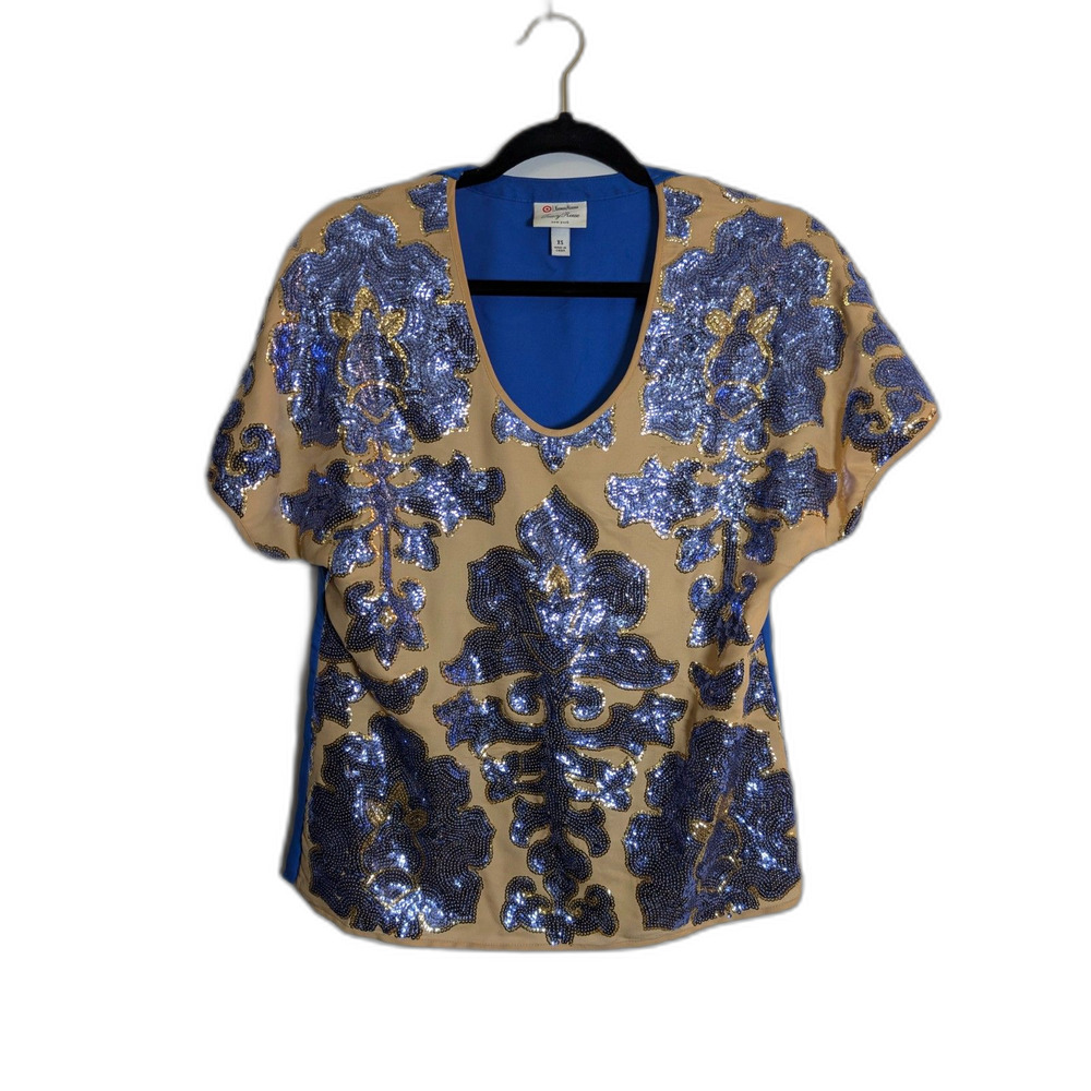 Tracy Reese for Target Sequin Embellished Top XS Blue Gold Short Sleeve Evening